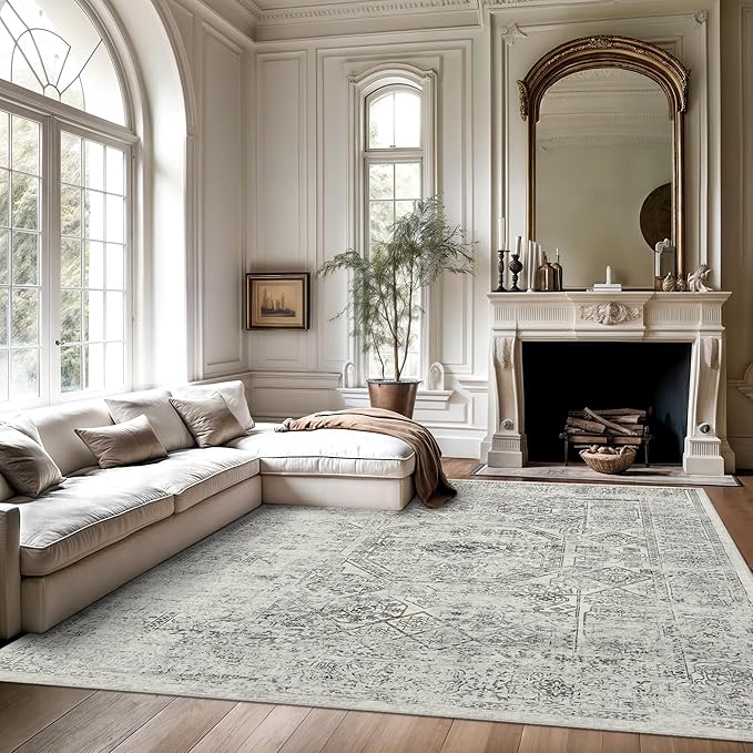 Washable Area Rug 8x10, Gray Soft Rug for Living Room Vintage 8x10 Area Rugs for Bedroom Dining Room Floral Non-Slip Thin Grey Rug