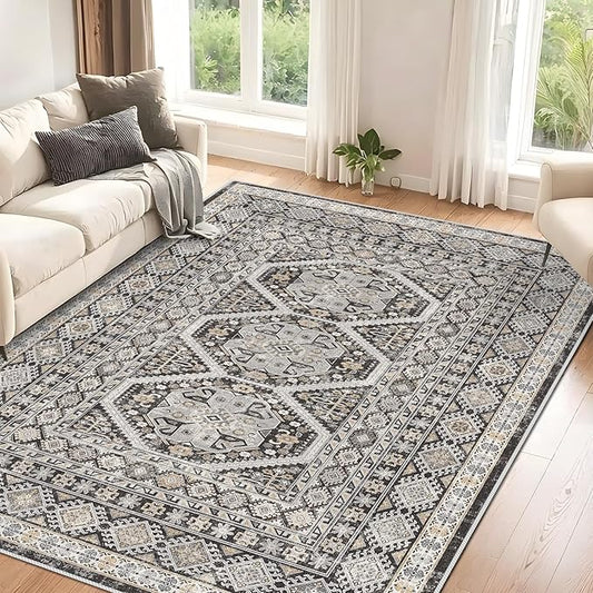 Washable Living Room Area Rug: 5x7 Super Soft Vintage Non Slip Backing Indoor Rug Oriental Bedroom Farmhouse Carpet Stain Resistant Ultra Thin Distressed Mats for Kitchen Entry 5x7 Black