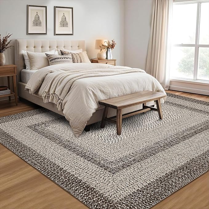 Imitation Braided Collection-Print Large Washable Rug 9x12 Non-Slip Area Rugs for Living Room, Natural Bordered Carpet, Stain Resistant Thin Foldable Floor Cover for Nursery Dining Room