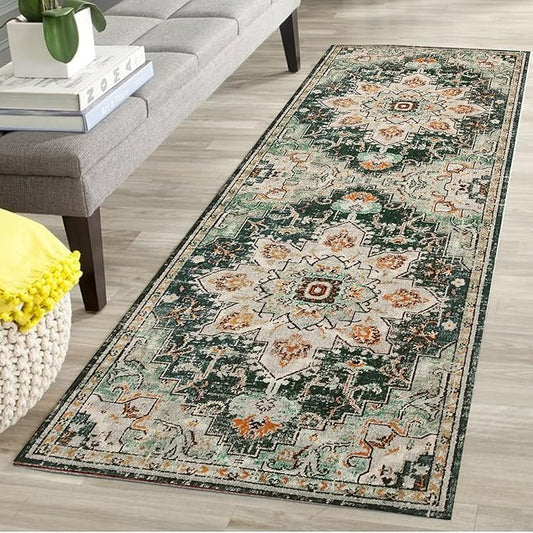 Yancorp 2'x6' Runner Rug for Bedroom Washable Non Slip Runner Rug for Hallway Vintage Carpet Living Room Indoor Floor Mats Kitchen Entryway Rugs-Rectangular Green