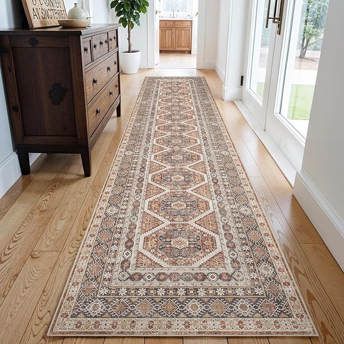 3x14 Runner Rug Kitchen Washable: Oriental Indoor Hallway Runners with Non Slip Backing Floor Mat for Entryway Door Low Pile Thin Carpet for Bedroom Bathroom Living Room Bedside Brick