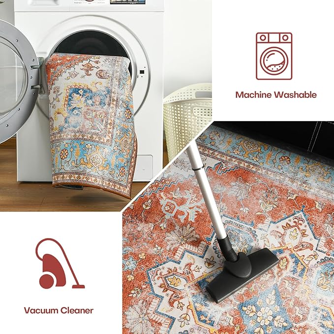 YJ.GWL Area Rug 2x6, Machine Washable Hallway Runner Rug, Boho Floral Vintage Distress Print Pattern Carpet, Low Pile Lightweight Thin Rugs for Entryway, Kitchen and Corridor, Brick