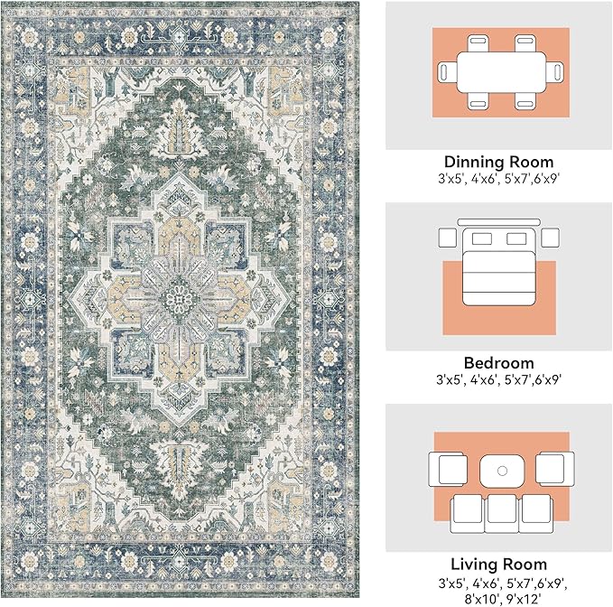 Vintage Large Rugs for Living Room, 9x12 Washable Area Rugs Non Slip, Soft Blue Rug for Bedroom, Sound Absorbing Non-Shedding Rug for Entryway Kitchen Foyer Playroom, Blue Carpet 9x12