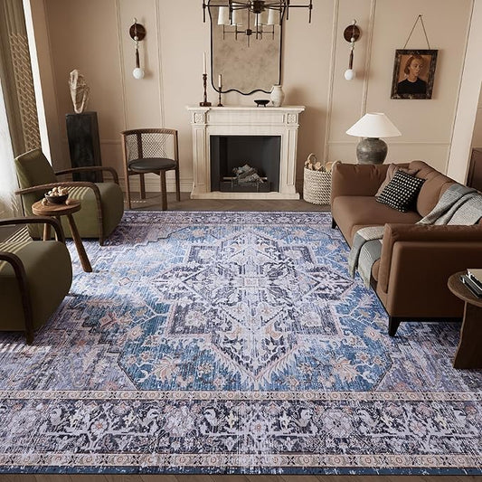 8x10 Rug, Washable Neutral Boho Modern Vintage Non Slip Floral Area Rugs, Low Pile Soft Rugs, Area Rugs, Slip Resistance Carpet, Pet-Friendly Carpet, Durable Rug for Living Room, Bedroom