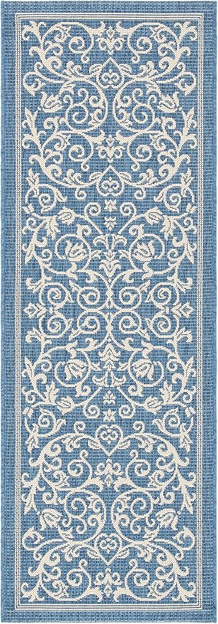 SAFAVIEH Courtyard Collection Runner Rug - 2'3" x 14', Blue & Natural, Scroll Design, Non-Shedding & Easy Care, Indoor/Outdoor & Washable-Ideal for Patio, Backyard, Mudroom (CY2098-3103)