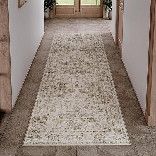 2x6 Washable Neutral Runner Rug Taupe Hallway Kitchen Non-Slip Low Pile Floral Carpet Vintage Soft Thin Throw Rug for Bathroom Bedroom Entryway Laundry Dining Room