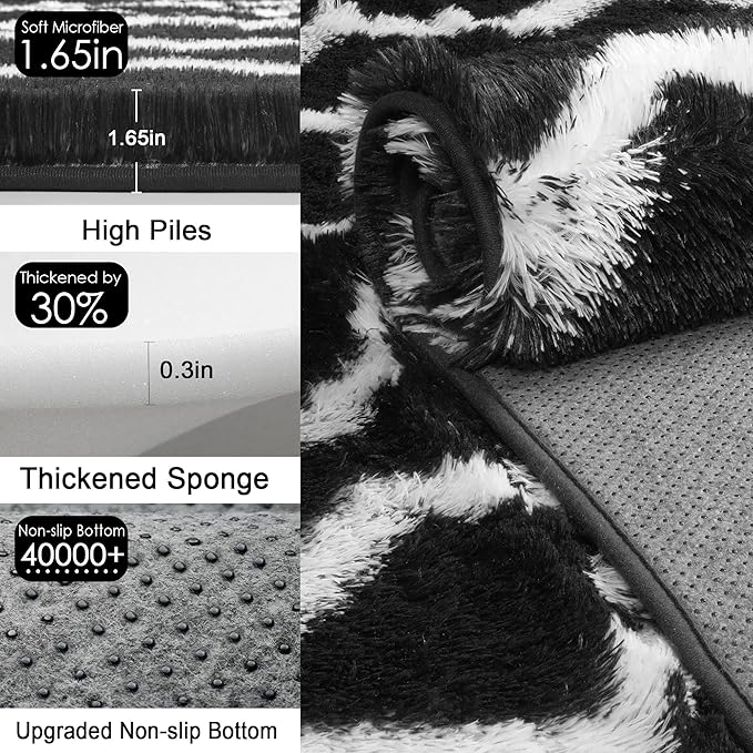 RUGTUDER Soft Fluffy Runner Rug for Bedroom, 2x6 Washable Plush Fuzzy Shaggy Bedside Rugs Black and White Striped Chevron Rugs, Non Slip Long Rug for Living Room Boys Room Kids Nursery Teen Dorm Decor