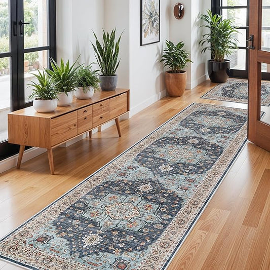 Washable Oriental Hallway Runner Rug - 3x10 Rugs for Living Room Soft Carpet for Bedroom Kitchen Waterproof Floral Distressed Indoor Stain Resistant Non-Shedding Floor Carpets (Blue/Teal/Orange, 3X10)