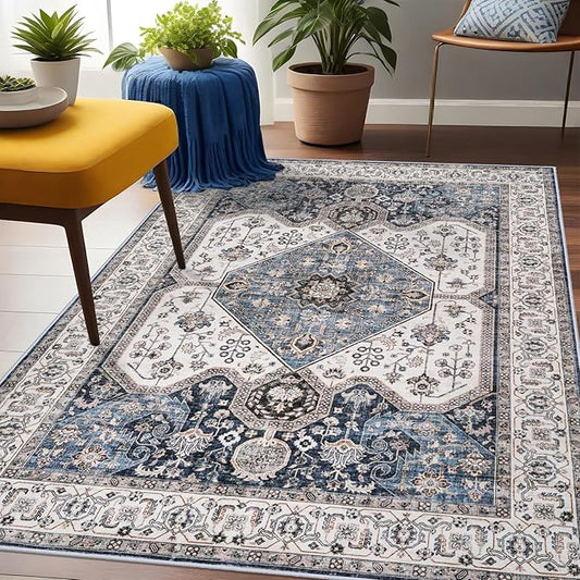 RUUGME Washable 3x5 Area Rug - Soft Area Rugs for Living Room Stain Resistant Carpet Vintage Lightweight Rugs for Bedroom with Non Slip Backing Indoor Home Decor Rugs 3x5 Navy