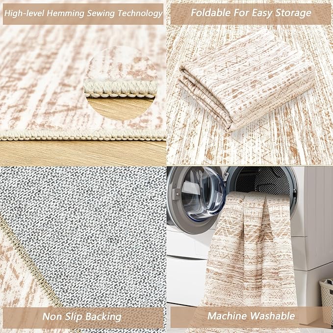 3x5 Area Rugs for Living Room Moroccan Washable Carpet Non-Slip Indoor Area Rugs for Dining Room Bedroom Beige