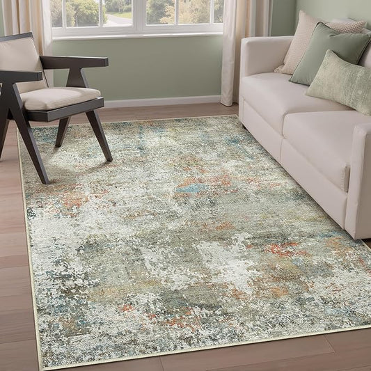 3x5 Area Rugs for Living Room Orange Grey Non Slip Washable Neutral Modern Abstract Indoor Rug Thin Soft Throw Low Pile Kitchen Carpet for Bedroom Dining Room Farmhouse Home Office Decor