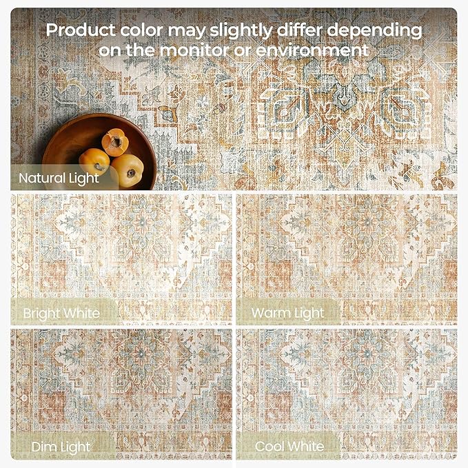 Kokia Washable Area Rugs 8x10 Living Room Boho Non Slip Thin Carpet Stain Resistant Vintage Orange Printed Oriental Distressed Rug for Bedroom Low Pile