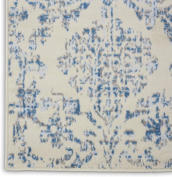Nourison Jubilant Damask Ivory/Blue 2'3'' x 7'3'' Area-Rug, Easy-Cleaning, Non Shedding, Bed Room, Living Room, Dining Room, Kitchen (2x7)