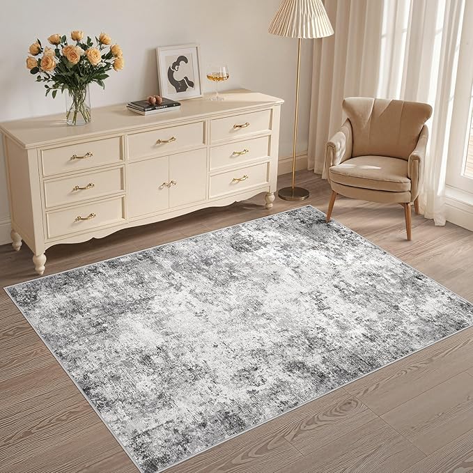 3x5 Area Rug Living Room Rugs - Washable Neutral Modern Abstract Soft Thin Rug Indoor Floor No Slip Rug Carpet for Bedroom Under Dining Table Home Office Decor - Grey