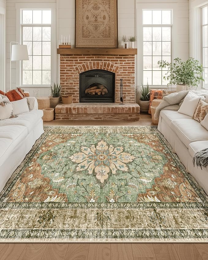 Area Rugs Square 8ft Washable Non-Slip, Floral Vintage Distress Print Pattern Medallion Carpet for Living Room Bedroom Dining Room, Brick Red Rust Red Neutral
