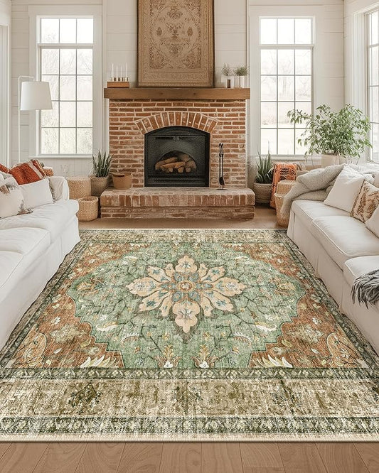 Area Rugs Square 8ft Washable Non-Slip, Floral Vintage Distress Print Pattern Medallion Carpet for Living Room Bedroom Dining Room, Brick Red Rust Red Neutral