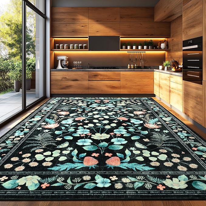 Area Rugs for Living Room, Washable 5x7 Vintage Rug for Bedroom, Non-Slip Floral Carpet for Home Office Nursery Dining Room Kitchen, Black