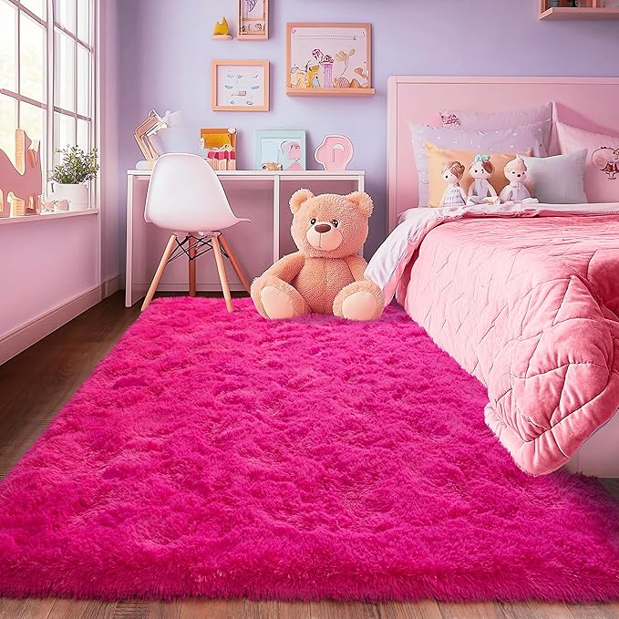 Hot Red Fluffy Rug for Bedroom 8x10 ft Large - Ultra Soft & Non Slip Shaggy Area Rug, Comfy Durable Carpet for Living Room Kids Room Teens Dorm Home Decor, 1.7'' Thick Indoor Plush Carpets