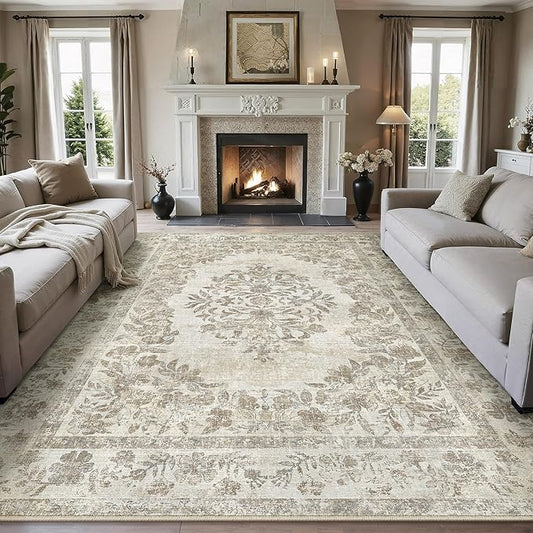 8x10 Area Rug Beige Washable Vintage Distressed Living Room Carpet Large Bedroom Indoor Medallion Floral Non Slip Retro Throw Floor Mat for Office Dining Room Kitchen Bathroom