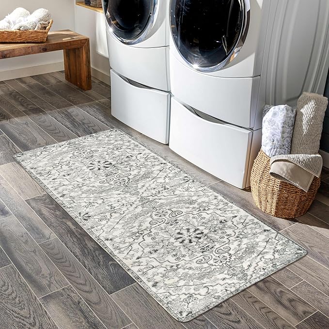 Lahome Washable Runner Rug 2x5, Bohemian Laundry Room Rug Low Pile Bathroom Runner Rugs with Rubber Backing, Printed Non-Slip Throw Carpet Runner for Kitchen Hallway Bedside, Beige