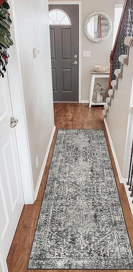 Morebes Vintage Black Runner Rugs for Hallway 2x8, Stain-Resistant Kitchen Runner Rugs Non Skid Washable, Medallion Low Pile Soft Carpet for Entryway Bathroom Bedroom