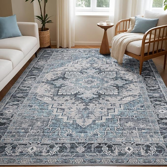 Kokia Washable Area Rugs 5x7 Living Room Boho Non Slip Thin Carpet Stain Resistant Vintage Blue Printed Oriental Foldable Distressed Rug for Bedroom Indoor House