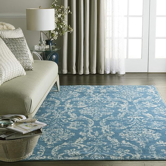Nourison Jubilant Damask Blue 5'3'' x 7'3'' Area-Rug, Easy-Cleaning, Non Shedding, Bed Room, Living Room, Dining Room, Kitchen (5x7)
