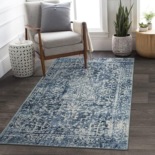 Morebes Vintage 3x5 Living Room Rugs, Blue Washable Bathroom Rug Stain Resistant Non Slip Rug, Soft Non-Shedding Low PileIndoor Carpet for Bedroom Kitchen Entryway