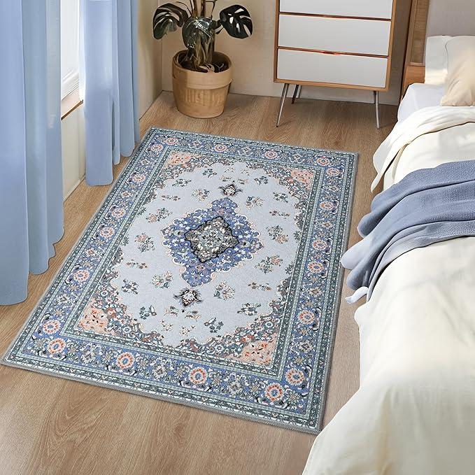 Tepook 2x3 Vintage Washable Rug - Non-Slip Low-Pile Door Mat for Entryway, Kitchen, Bedroom, Bathroom, Foyer - Indoor Throw Rug in Blue/Grey