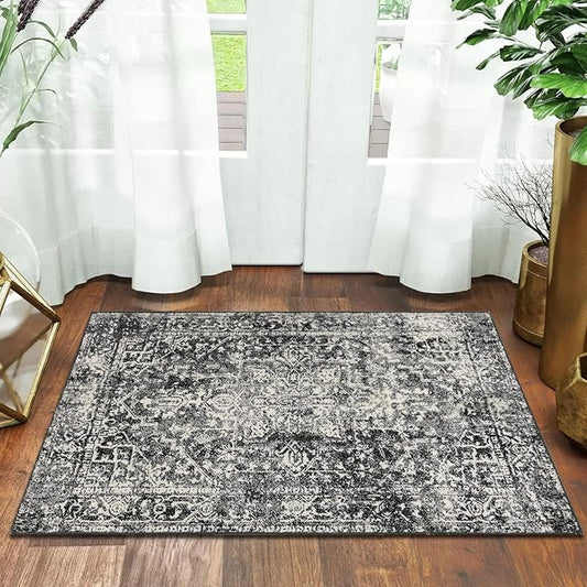 Morebes Vintage 2x3 Black Entryway Rugs, Washable Kitchen Rug Non Slip Indoor Door Mat, Medallion Stain-Resistant Soft Low Pile Throw Carpet for Entrance Bathroom Bedroom