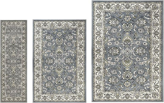 Superior Lille 3 Piece Indoor Area Rug Set, Jute Backing, Oriental Floral Decor for Hallway, Entry, Office, Kitchen, Bedroom, Living Room Floors, Plush Rugs, 2' 7" x 8', 5' x 8', 8' x 10', Cream