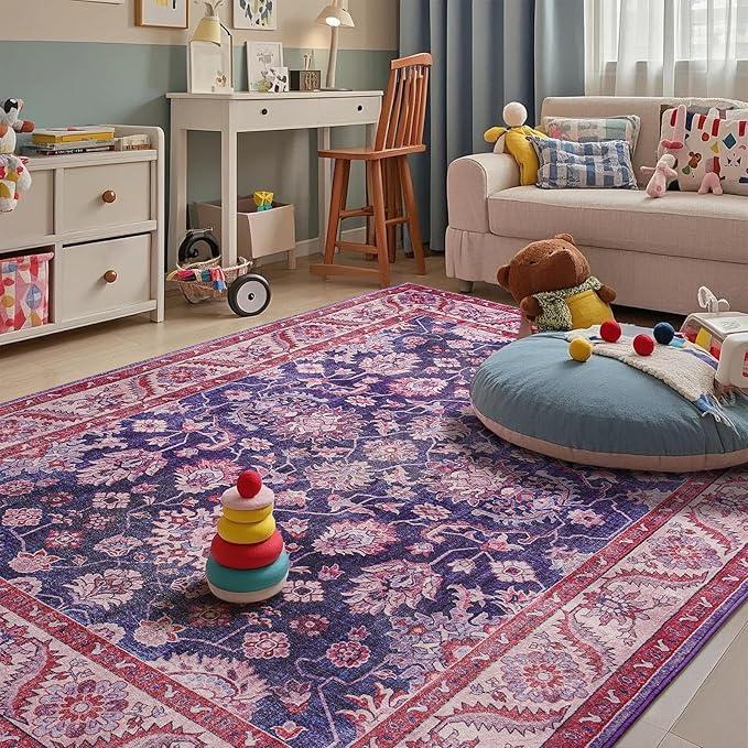 Area Rugs for Living Room, 6x9 Washable Area Rug for Bedroom, Retro Floral Non-Slip Carpet for Nursery Home Office Dining Room Kitchen, Blue and Purple