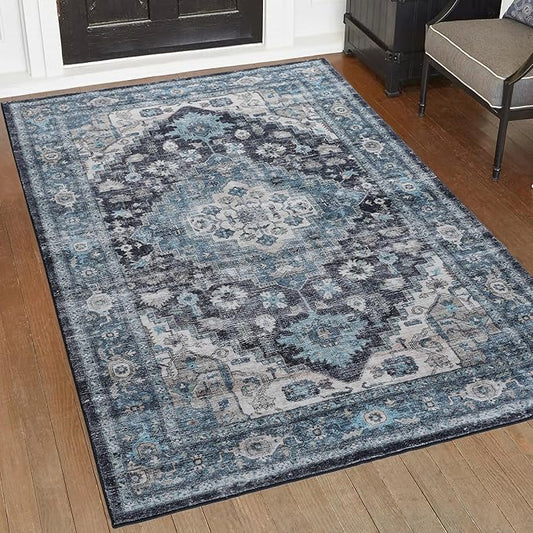 3x5 Area Rugs for Living Room,Non Slip Washable Vintage Rug Boho Rug Blue Area Rug Indoor Stain Proof Non-Shedding Carpet for Front Door Entryway Living Room Bedroom Kitchen(Blue)