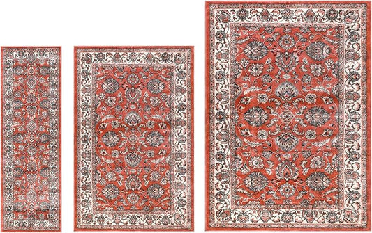 Superior Lille 3 Piece Indoor Area Rug Set, Jute Backing, Oriental Floral Decor for Hallway, Entry, Office, Kitchen, Bedroom, Living Room Floors, Plush Rugs, 2' 7" x 8', 5' x 8', 8' x 10', Salmon