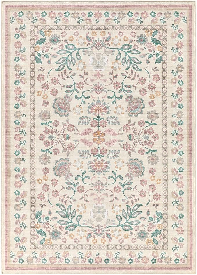 7x9 Area Rug Living Room Rugs - Washable Boho Vintage Floral Large Soft Non Slip Thin Rug Low Pile Carpet for Bedroom Dining Room Kids Playroom Office Decor Indoor- Pink