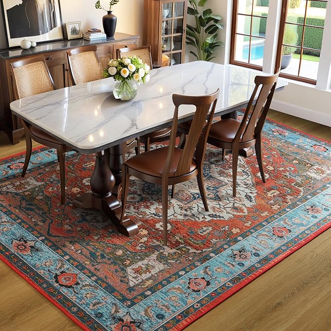 YJ.GWL Area Rug for Living Room, 4x6 Machine Washable Boho Rug for Bedroom, Low Pile Lightweight Thin Rugs Floral Vintage Distress Print Pattern Carpet for Dining Room, Red/Blue