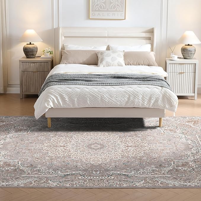 9x12 Rug, Washable Neutral Boho Modern Vintage Non Slip Floral Area Carpet, Low Pile Soft Rugs, Slip Resistance, Pet-Friendly, Durable Rug for Living Room, Bedroom, Kitchen, Dining Room