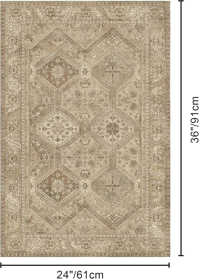 Bavni Clearance 2x3 Rugs for Entryway Indoor, Machine Washable Area Rug Non Slip, Vintage Distressed Throw Rugs, Ultra-Thin Small Entry Carpet, Low Pile Door Mat for Entrance, Bedroom, Bathroom, Brown