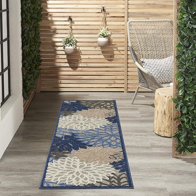 Nourison Aloha Indoor/Outdoor Blue/Multicolor 2'3" x 12' Area Rug, Tropical, Botanical, Easy Cleaning, Non Shedding, Bed Room, Living Room, Dining Room, Deck, Backyard, Patio (2x12)