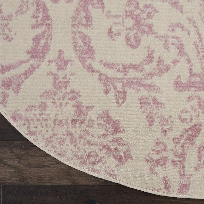 Nourison Jubilant Damask Ivory/Pink 8' x Round Area Rug, Easy Clean, Non Shedding, Bed Room, Living Room, Dining Room, Kitchen (8 Round)