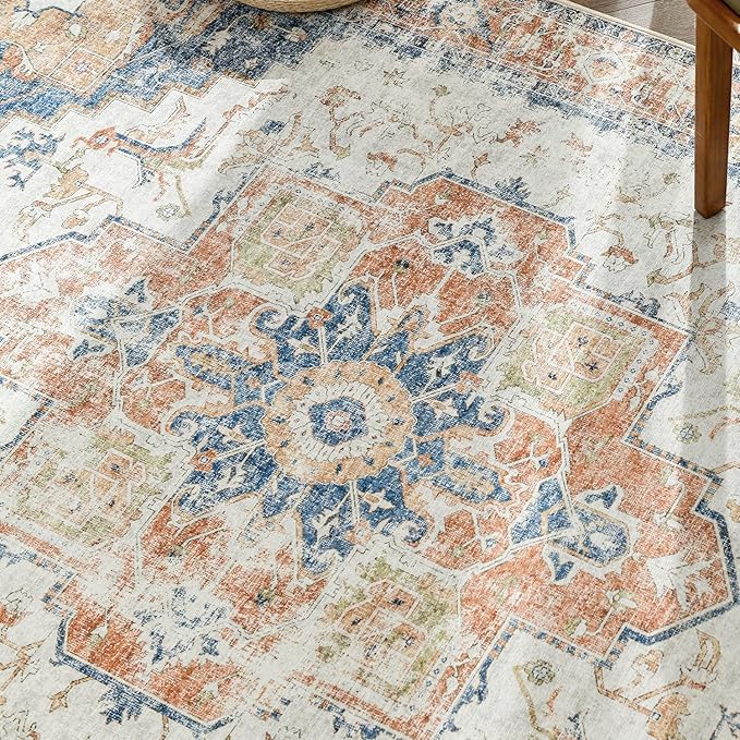 jinchan Runner Rug 2x8 Hallway Rug Kitchen Washable Runner Vintage Mat Retro Print Lightweight Non-Slip Floor Cover Distressed Thin Carpet for Entryway Bathroom Bedroom Laundry Room Stairway Orange