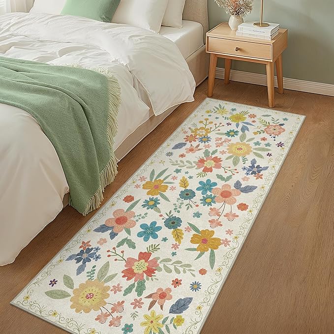 Bavni 2x10 Runner Rug, Long Foldable Floral Rugs for Hallways Kitchen Bedroom Kids Room, Lightweight Machine Washable Non Slip Rubber Rugs Backing, Ultra-Thin Aesthetic Boho Soft White