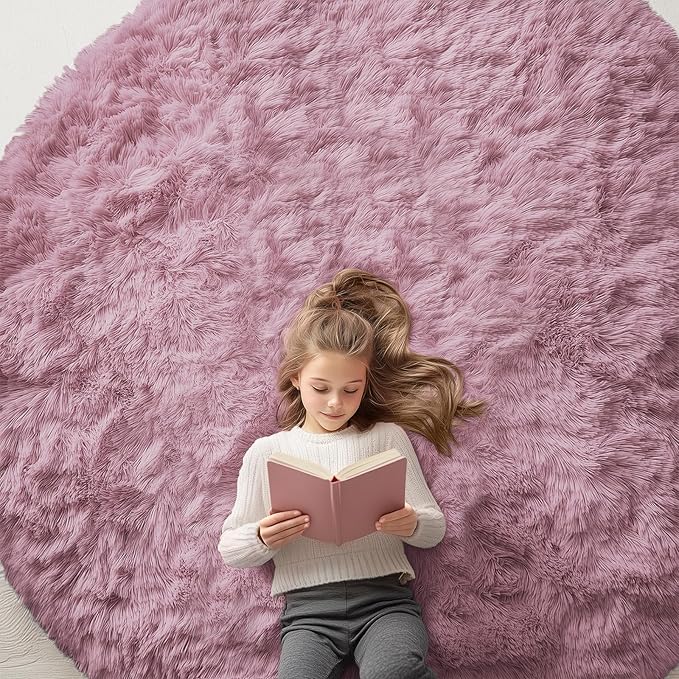 OLANLY Blush Round Rugs for Bedroom - Machine Washable, 7x7 Feet Circle Area Rugs for Living Room, Soft and Fluffy Shaggy Carpet for Teen Girls and Boys, Dorms, Nursery Rooms, Home Decor Aesthetic