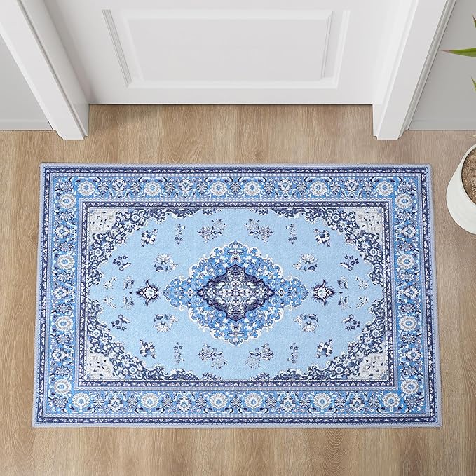 Tepook 2x3 Vintage Washable Rug - Non-Slip Low-Pile Door Mat for Entryway, Kitchen, Bedroom, Bathroom, Foyer - Indoor Throw Rug in Blue