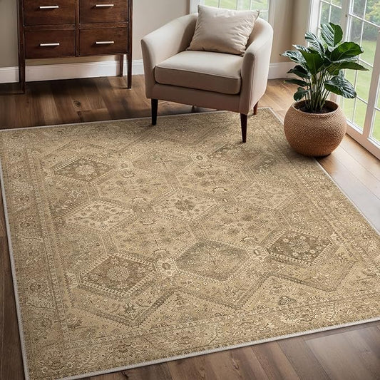 Bavni 4x4 Area Rugs for Living Room, Machine Washable Rug Non Slip, Vintage Chenille Distressed Print Carpet, Large Low Pile Ultra-Thin Lightweight Rugs for Bedroom, Dining Room, Office, Nut Brown