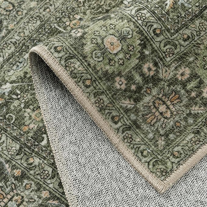Vintage Area Rug 5x7 Green Washable Living Room Large Carpet Non Slip Bedroom Indoor Office Low Pile Traditional Distressed Retro Accent Rug for Dining Room Bathroom Kitchen