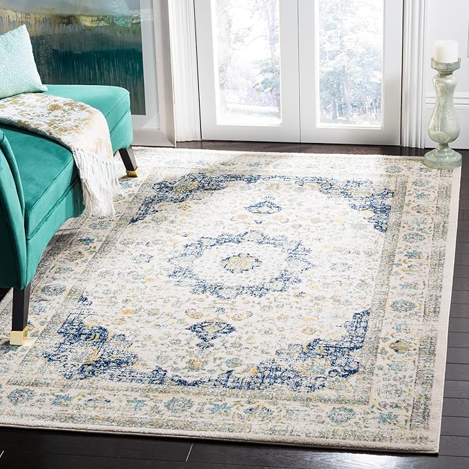SAFAVIEH Evoke Collection Accent Rug - 4' x 6', Ivory & Blue, Shabby Chic Oriental Medallion Design, Non-Shedding & Easy Care, Ideal for High Traffic Areas in Entryway, Living Room, Bedroom (EVK220C)