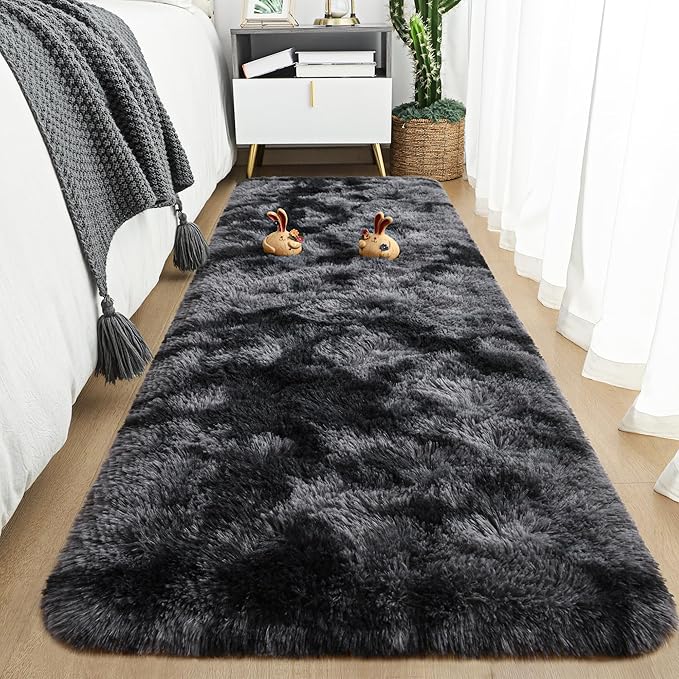 Tepook Fluffy Runner Rugs for Bedroom Aesthetic 2x6 Feet, Shag Soft Bedside Rug with Non-Slip Bottom, Fuzzy Plush Carpet for Room, Hallway Rug for Nursery Dorm Indoor Home Decor, Tie-dye Dark Grey