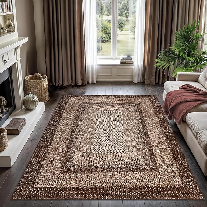 Printed Living Room Rug 3x5 Washable Rug for Bedroom Modern Farmhouse Braid Look Non Slip Small Area Rug Soft Low Pile Stain Resistant Carpet for Office Nursery Dining Room 3'x5'