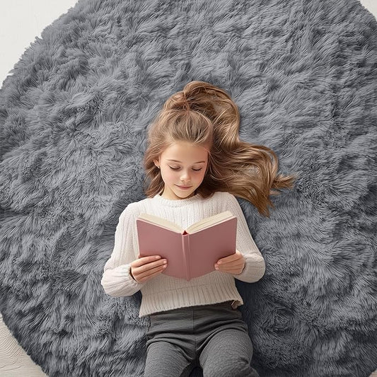OLANLY Light Grey Round Rugs for Bedroom - Machine Washable, 5x5 Feet Circle Area Rugs for Living Room, Soft Fluffy Shaggy Carpet for Teen Girls and Boys, Dorms, Nursery Rooms, Home Decor Aesthetic